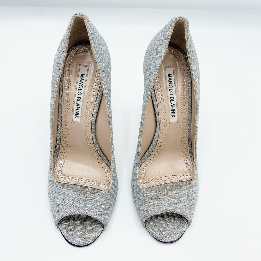 Manolo Blahnik Sparkly Silver Open Toe Heels - image 2